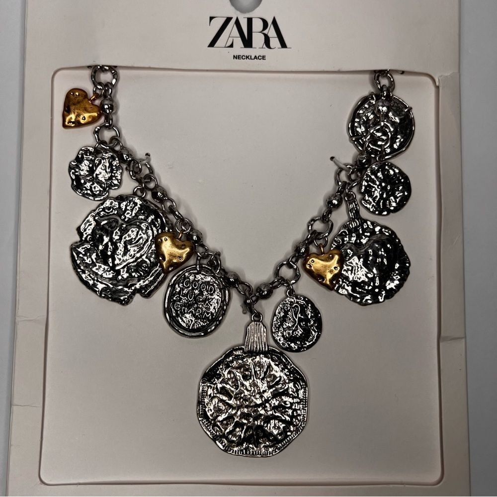 ZARA Heart Medallion Coin Charm Necklace -Silver/gold NWT - Picture 8 of 8